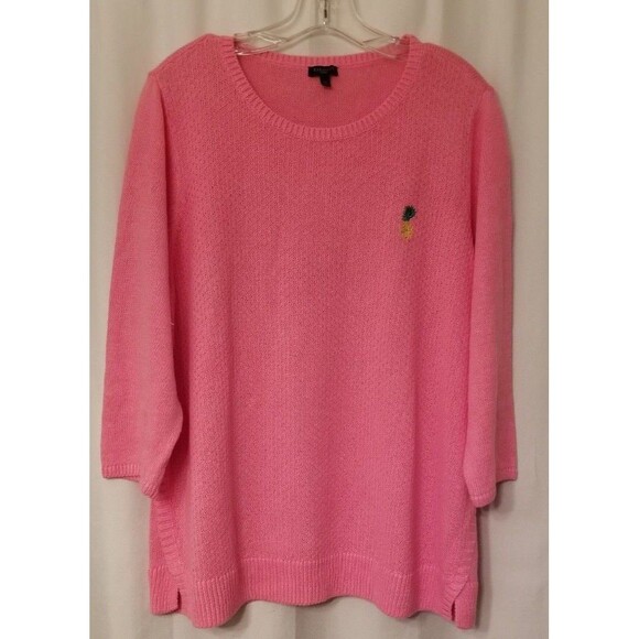Talbots Pink Knit Sweater Embroidered Bead Pineapple Knit Linen Blend Size 2X - Picture 2 of 7